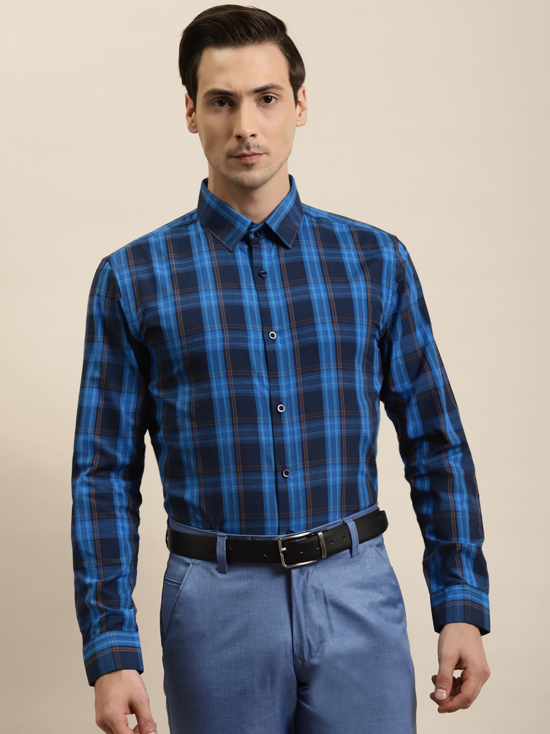 Men's Cotton Navy & Royal blue Formal Shirt - Sojanya