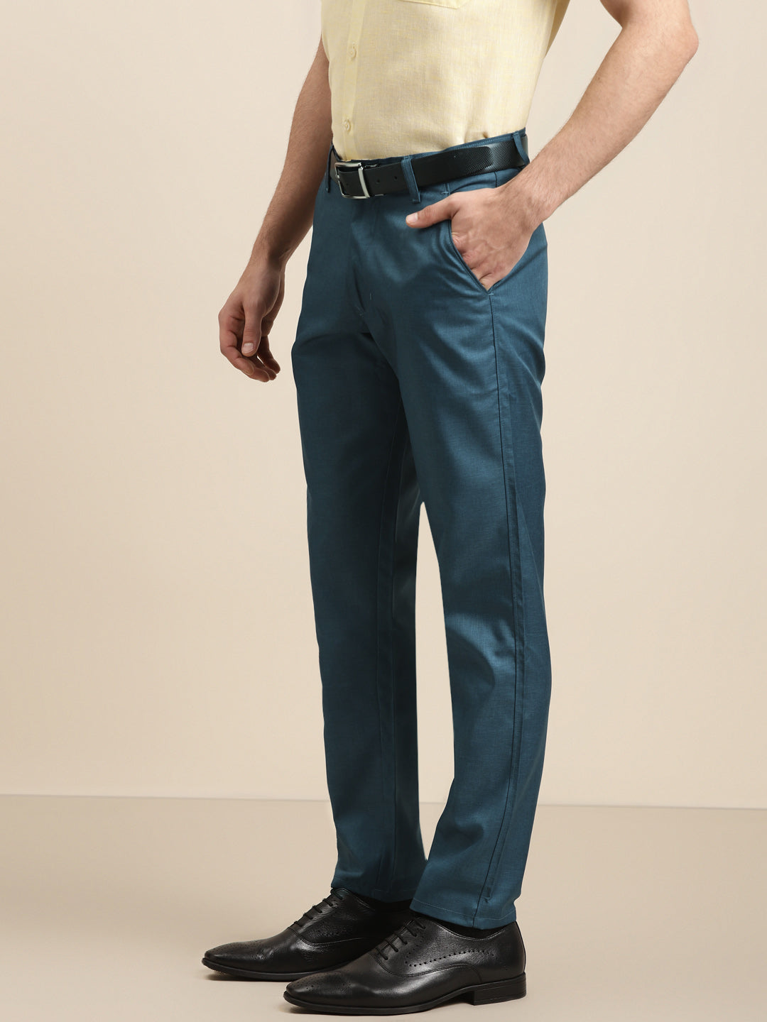 Men's Cotton Blend Teal Blue Solid Trouser - Sojanya – Trendia