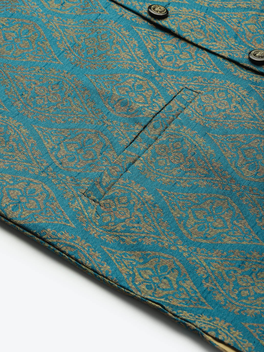 Men's Jacquard Silk Teal Blue & Gold Waistcoat
