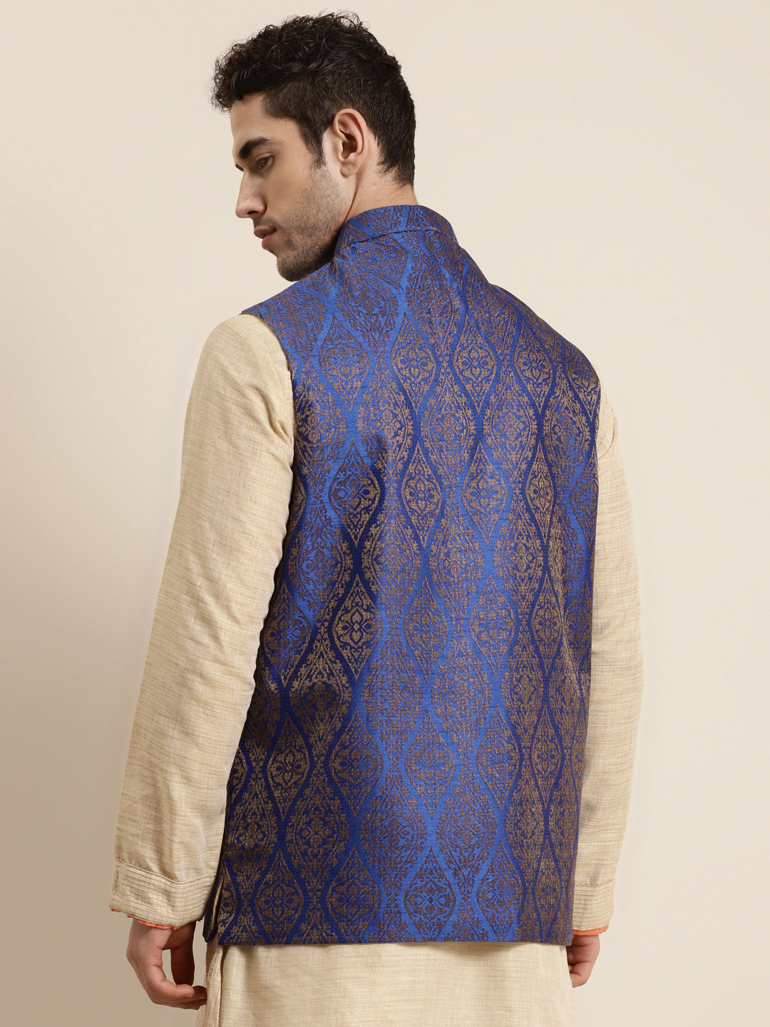 Men's Jacquard Silk Blue & Gold Waistcoat