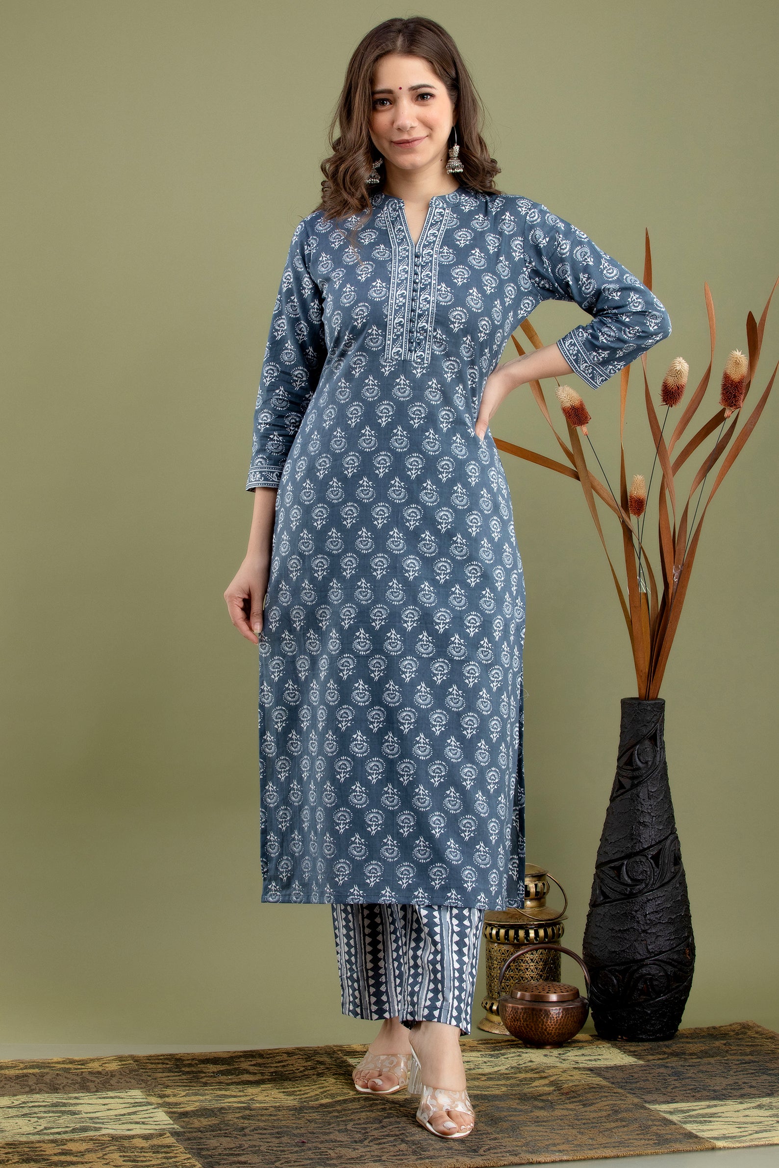 Women's Grey printed kurta dupatta set - MISSKURTI