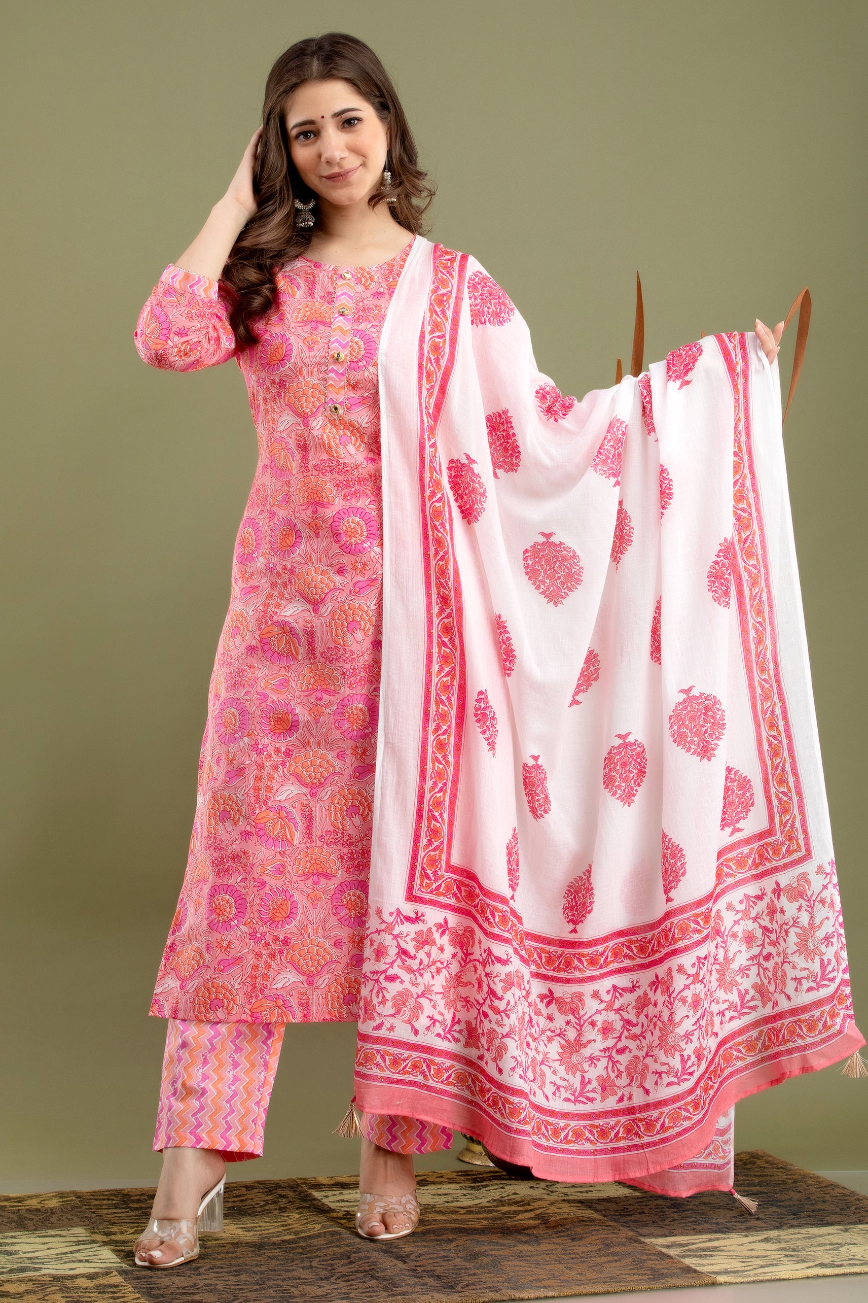 Women's Pink printed kurta dupatta set - MISSKURTI