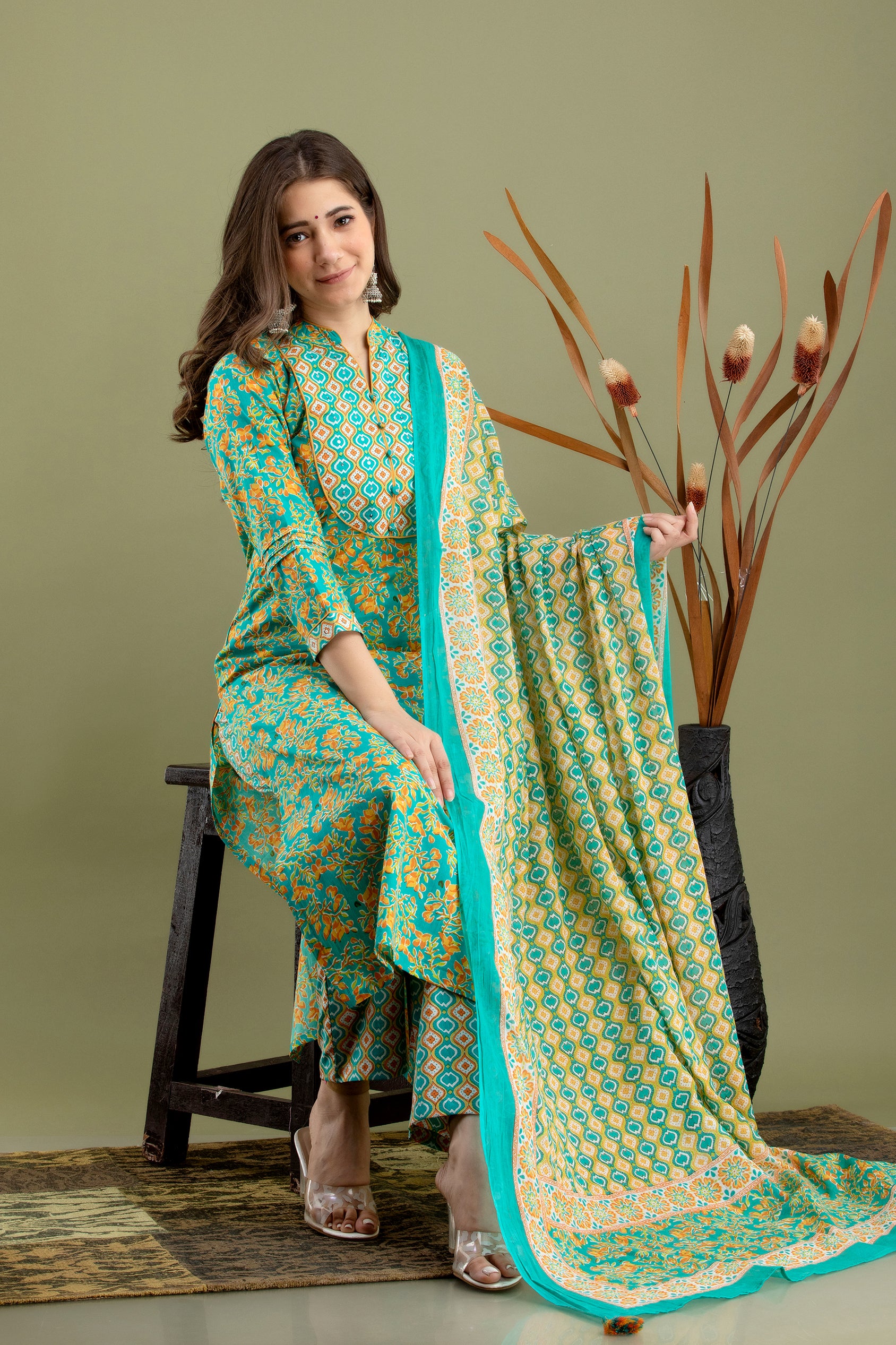 Women's Green printed kurta dupatta set - MISSKURTI
