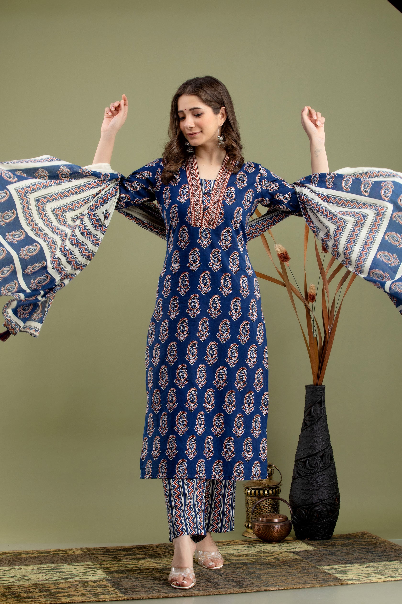 Women's Blue printed kurta dupatta set - MISSKURTI
