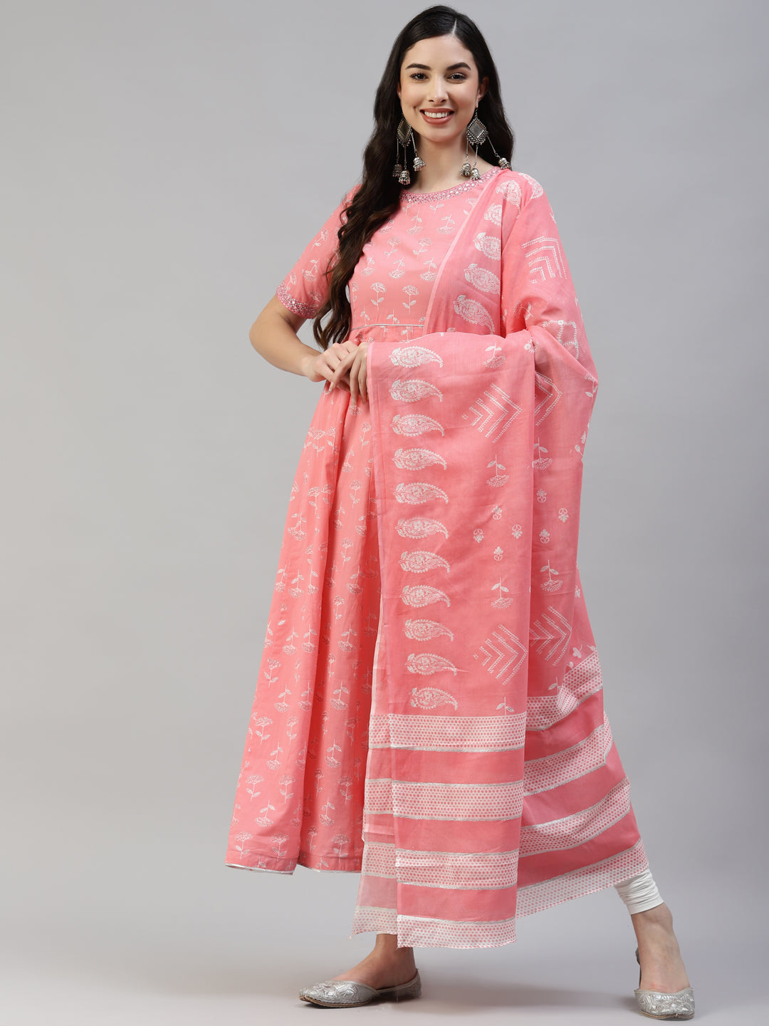 Women's Pink Zari Silver Cotton Printed Anarkali Kurta With Legging And Cotton Dupatta - Noz2Toz