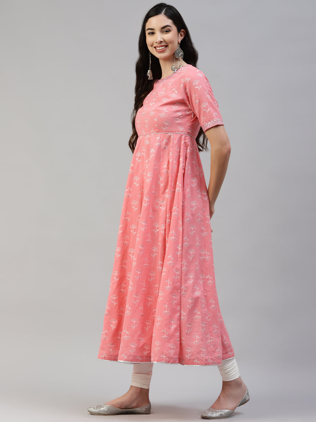 Women's Pink Zari Silver Cotton Printed Anarkali Kurta With Legging And Cotton Dupatta - Noz2Toz