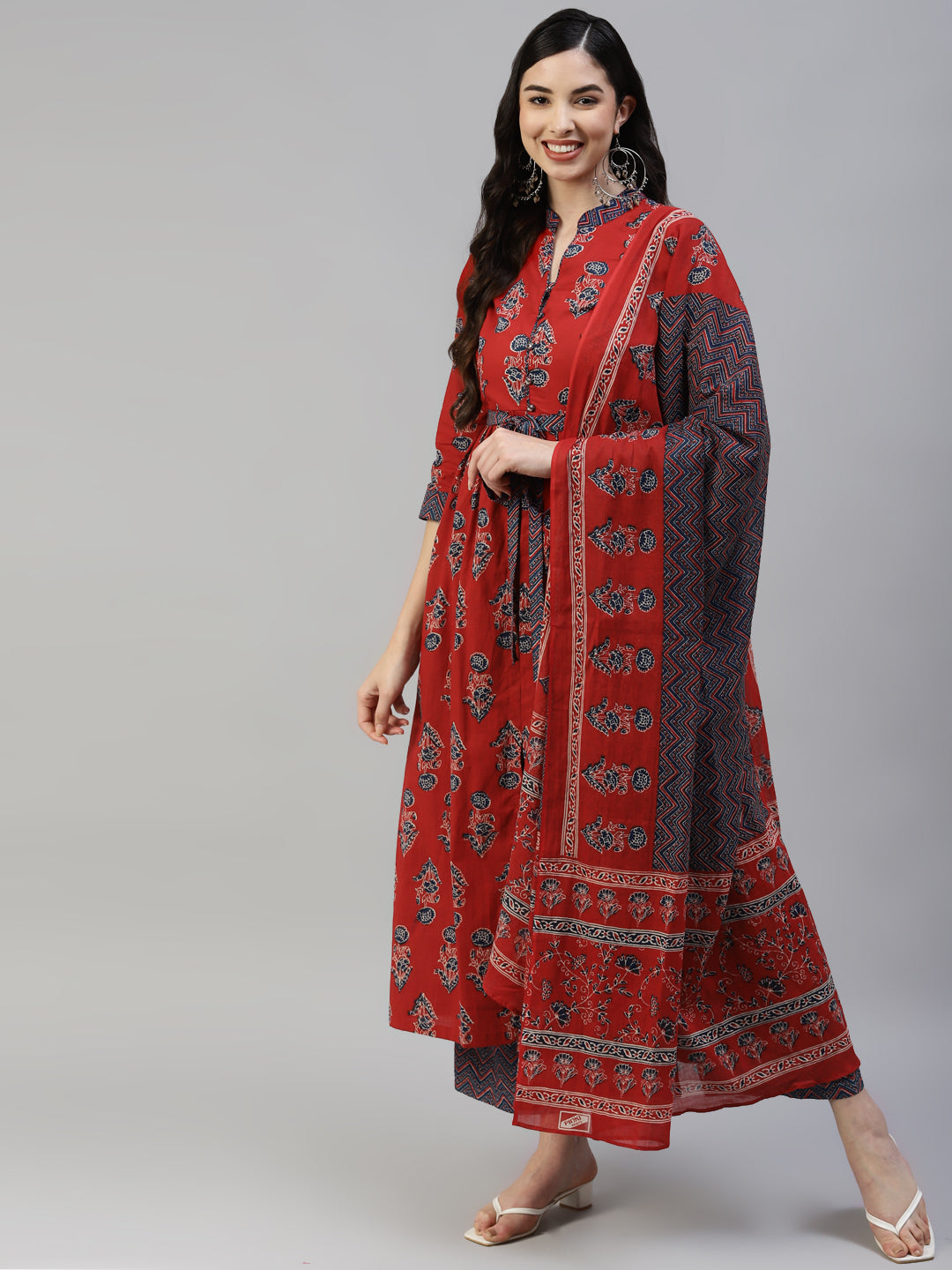 Women's Red Cotton Printed Front Slit Kurta With Palazzo And  Cotton Dupatta - Noz2Toz