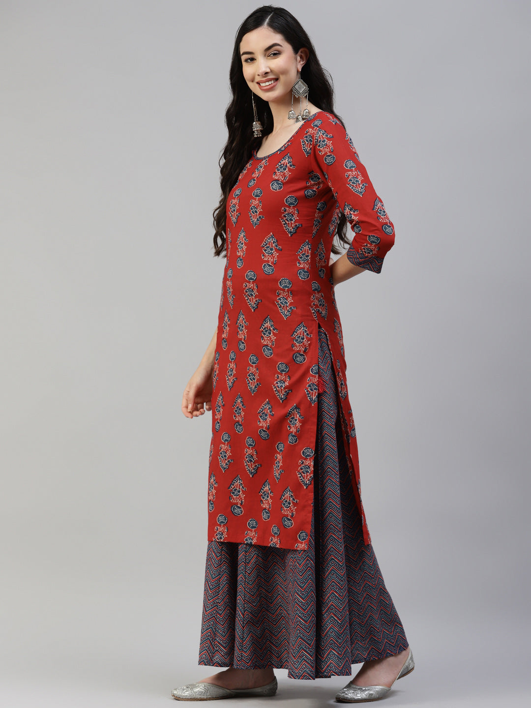Women's Red Cotton Printed A-Line Kurta With Sharara And Cotton Dupatta - Noz2Toz