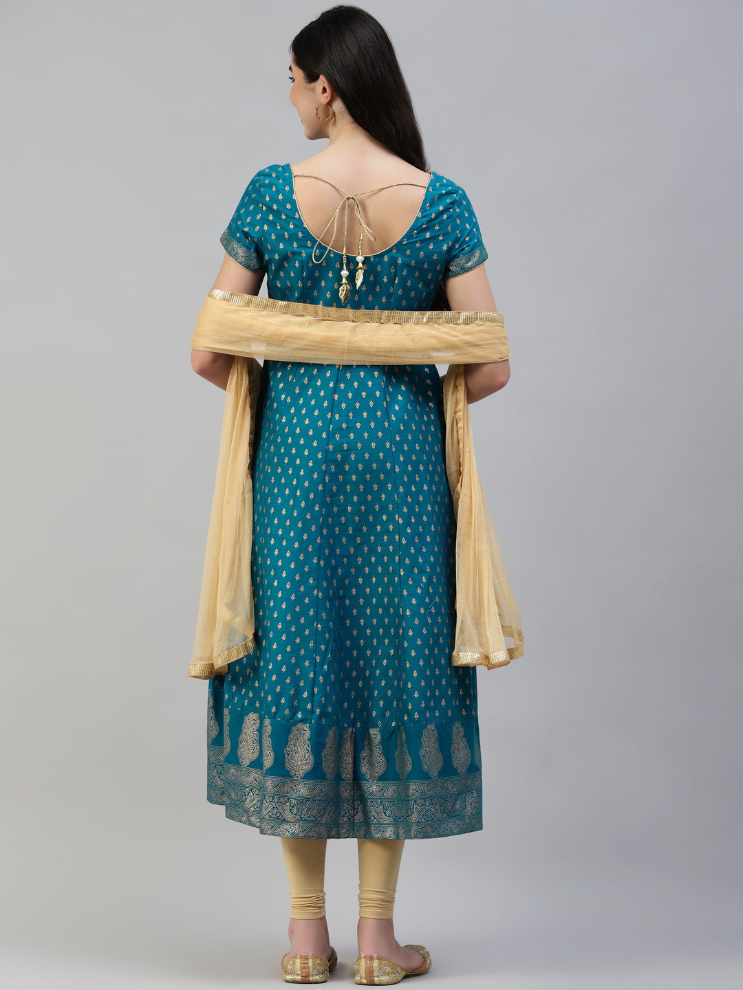 Women's Turquoise Gold Print  Anarkali Kurta With Viscose Leggings & Net Dupatta - Noz2Toz