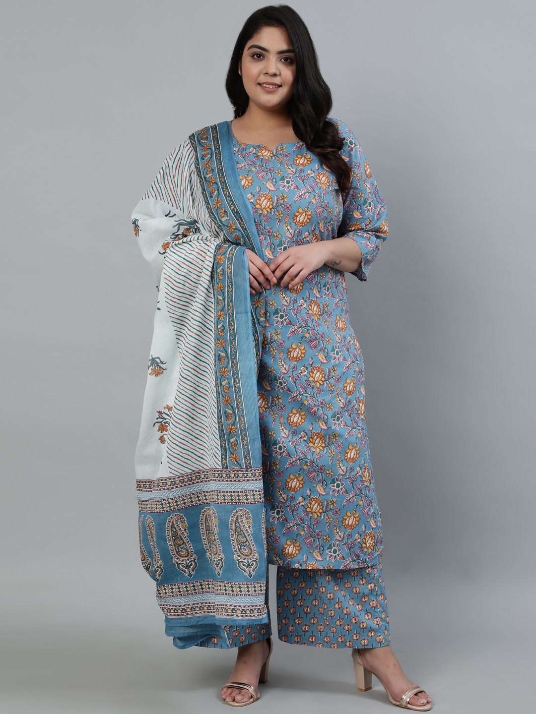 Women's Blue Pure Cotton Floral Printed Regular Kurta With Trousers & Dupatta - Nayo Clothing