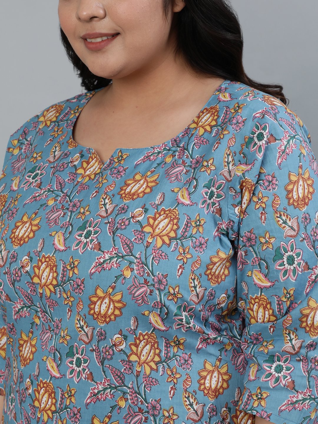 Women's Blue Pure Cotton Floral Printed Regular Kurta With Trousers & Dupatta - Nayo Clothing