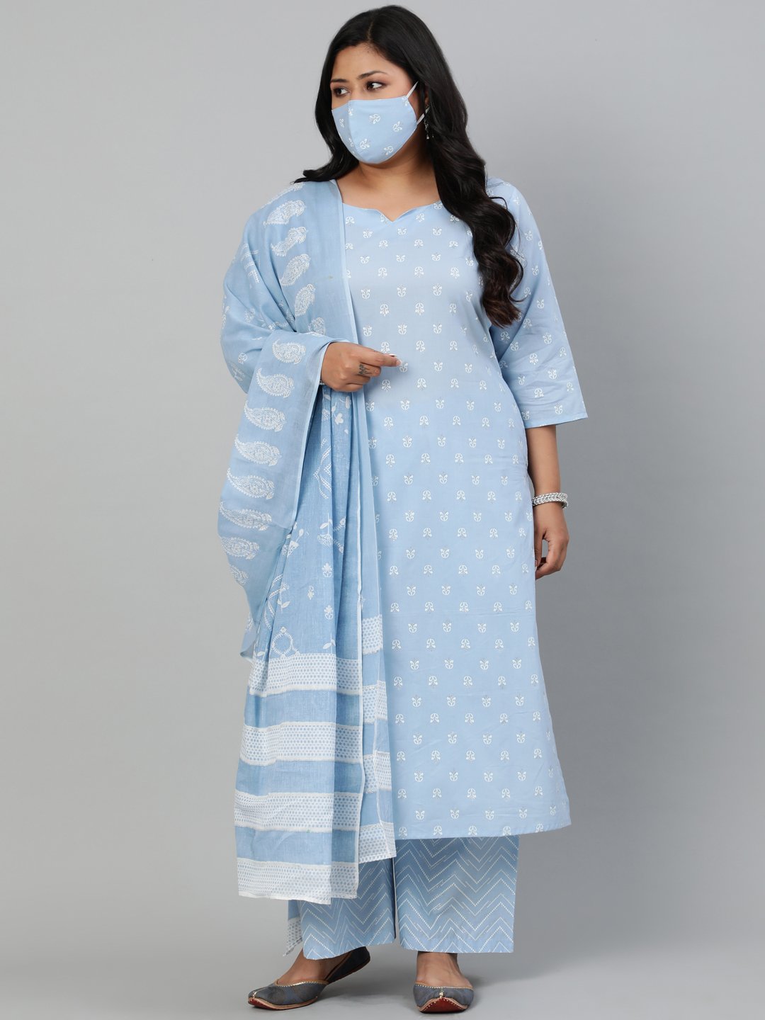 Women's Powder Blue Printed Kurta With Plazo & Dupatta - Nayo Clothing