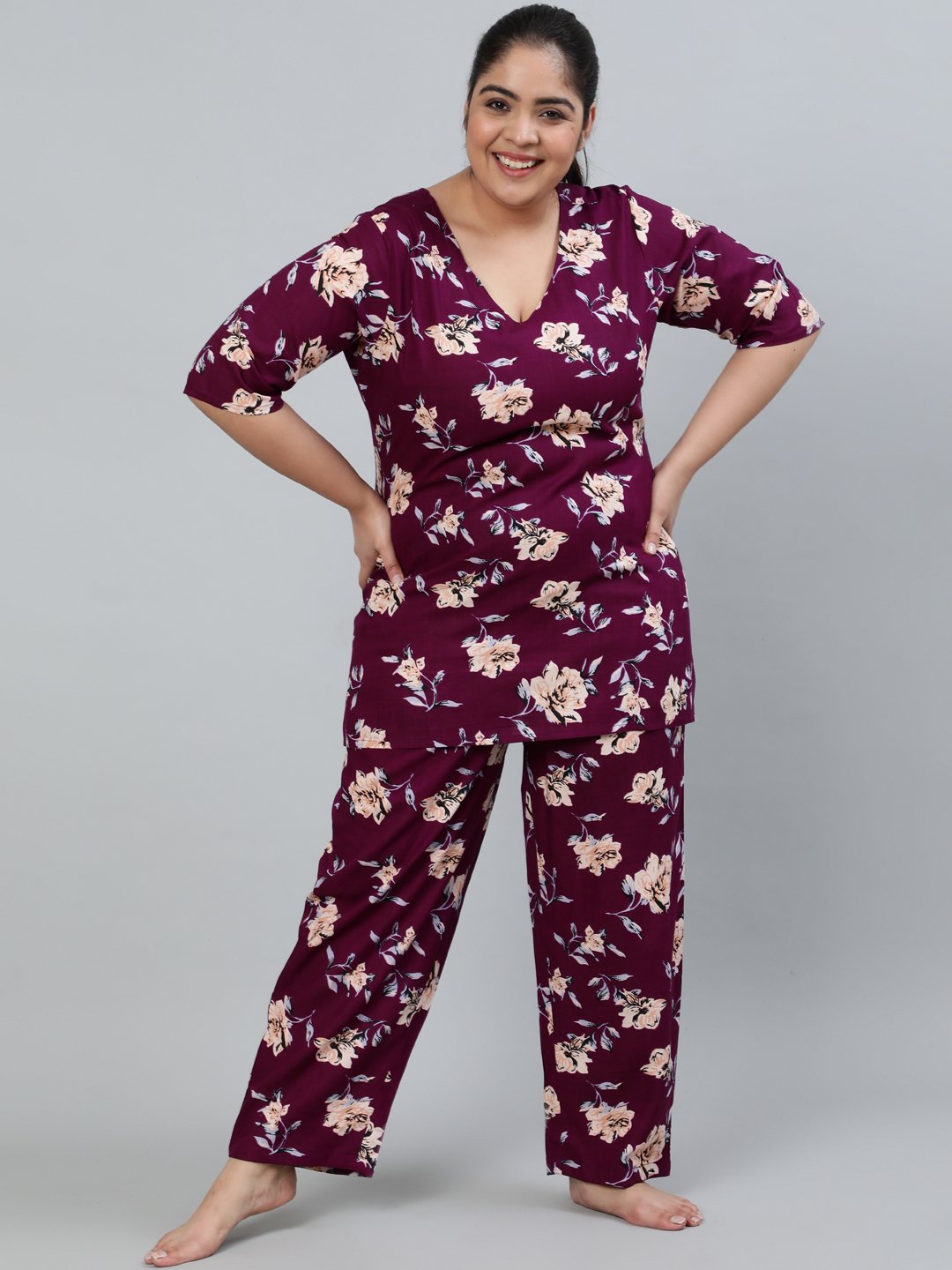 Women's Plus Size Burgundy Floral Printed Night Suit With Half Sleeves - Nayo Clothing