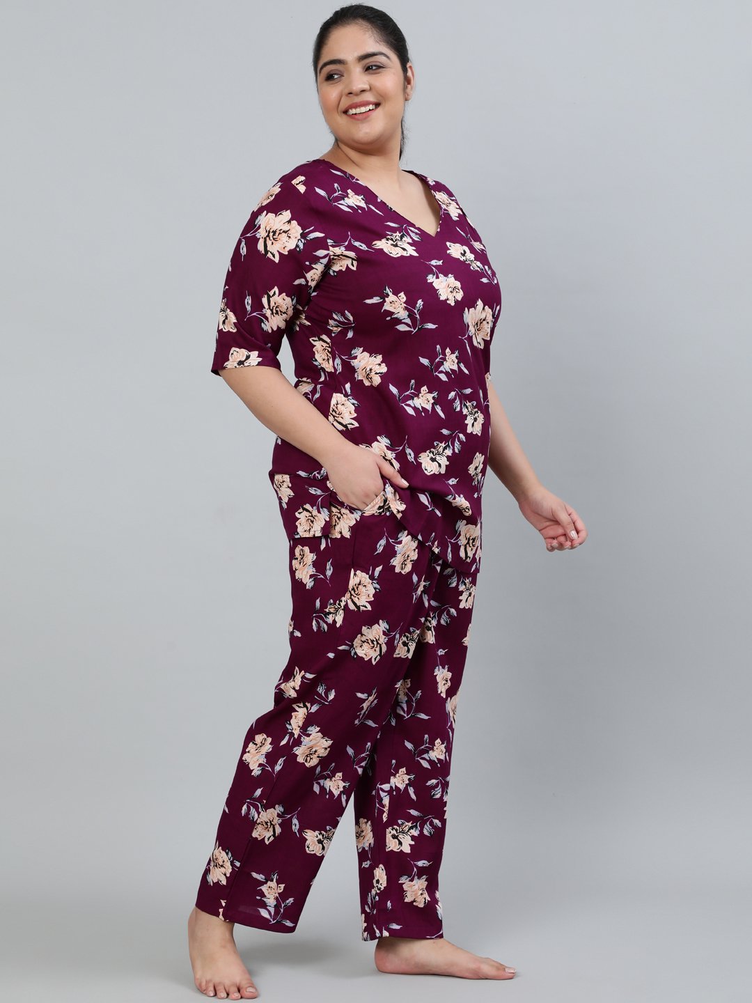 Women's Plus Size Burgundy Floral Printed Night Suit With Half Sleeves - Nayo Clothing