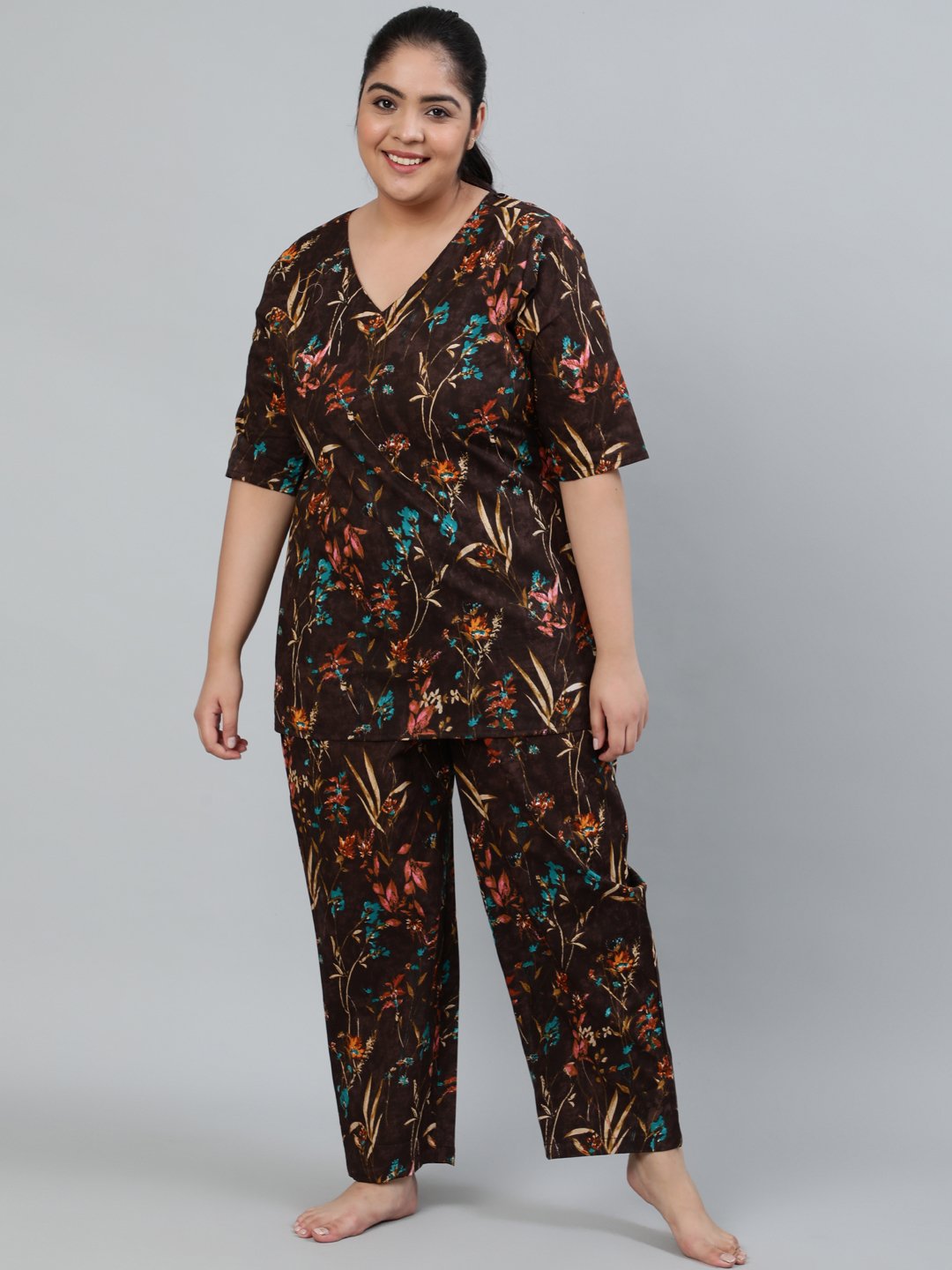 Women's Plus Size Brown Floral Printed Night Suit With Half Sleeves - Nayo Clothing
