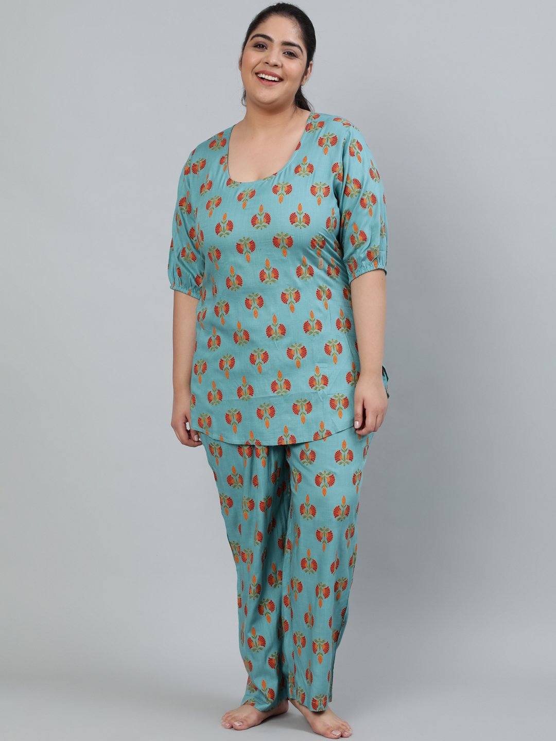 Women's Plus Size Blue Printed Night Suit With Half Sleeves - Nayo Clothing