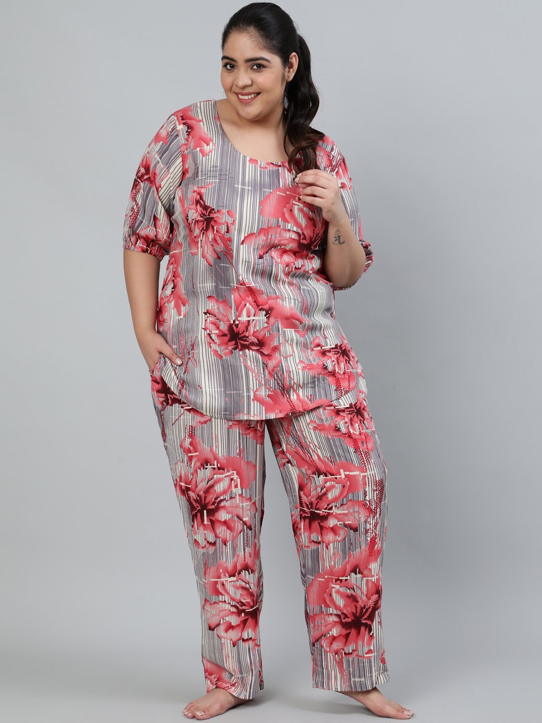 Women's Plus Size Grey Printed Night Suit With Half Sleeves - Nayo Clothing