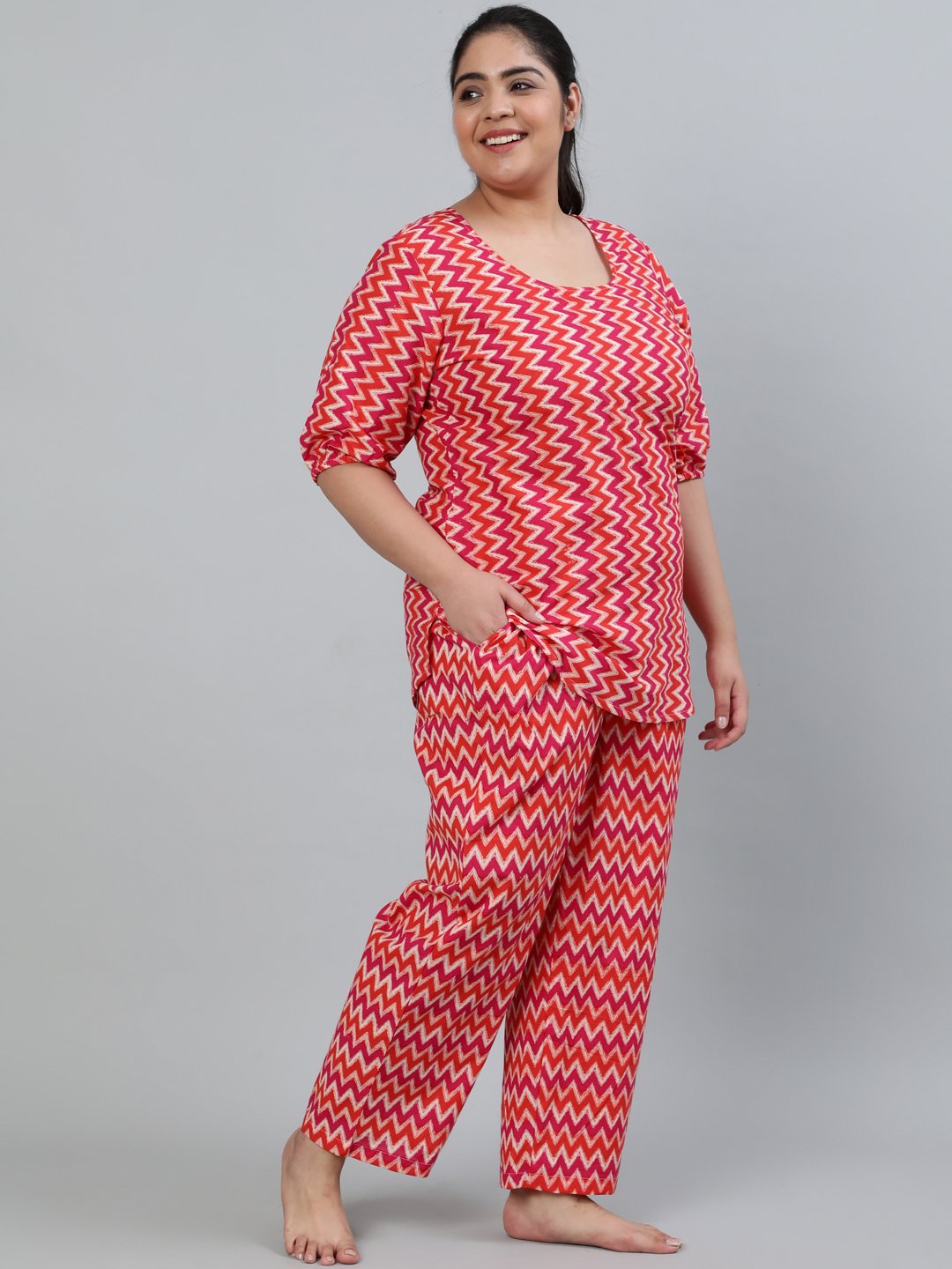 Women's Plus Size Pink Printed Night Suit With Half Sleeves - Nayo Clothing