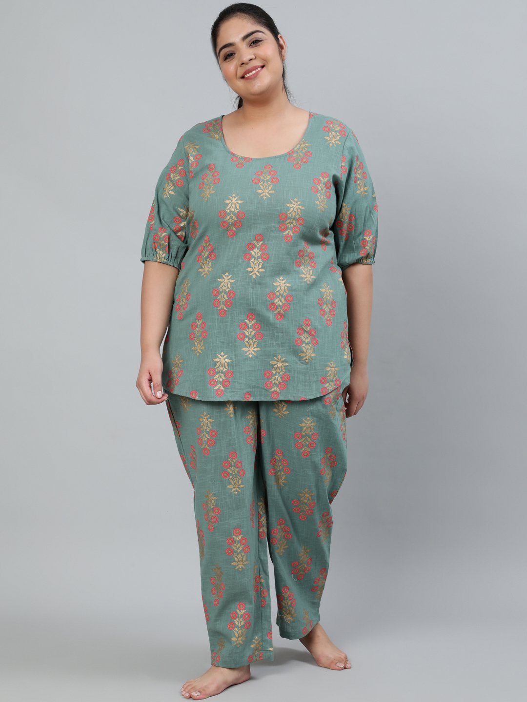 Women's Plus Size Green Printed Night Suit With Half Sleeves - Nayo Clothing