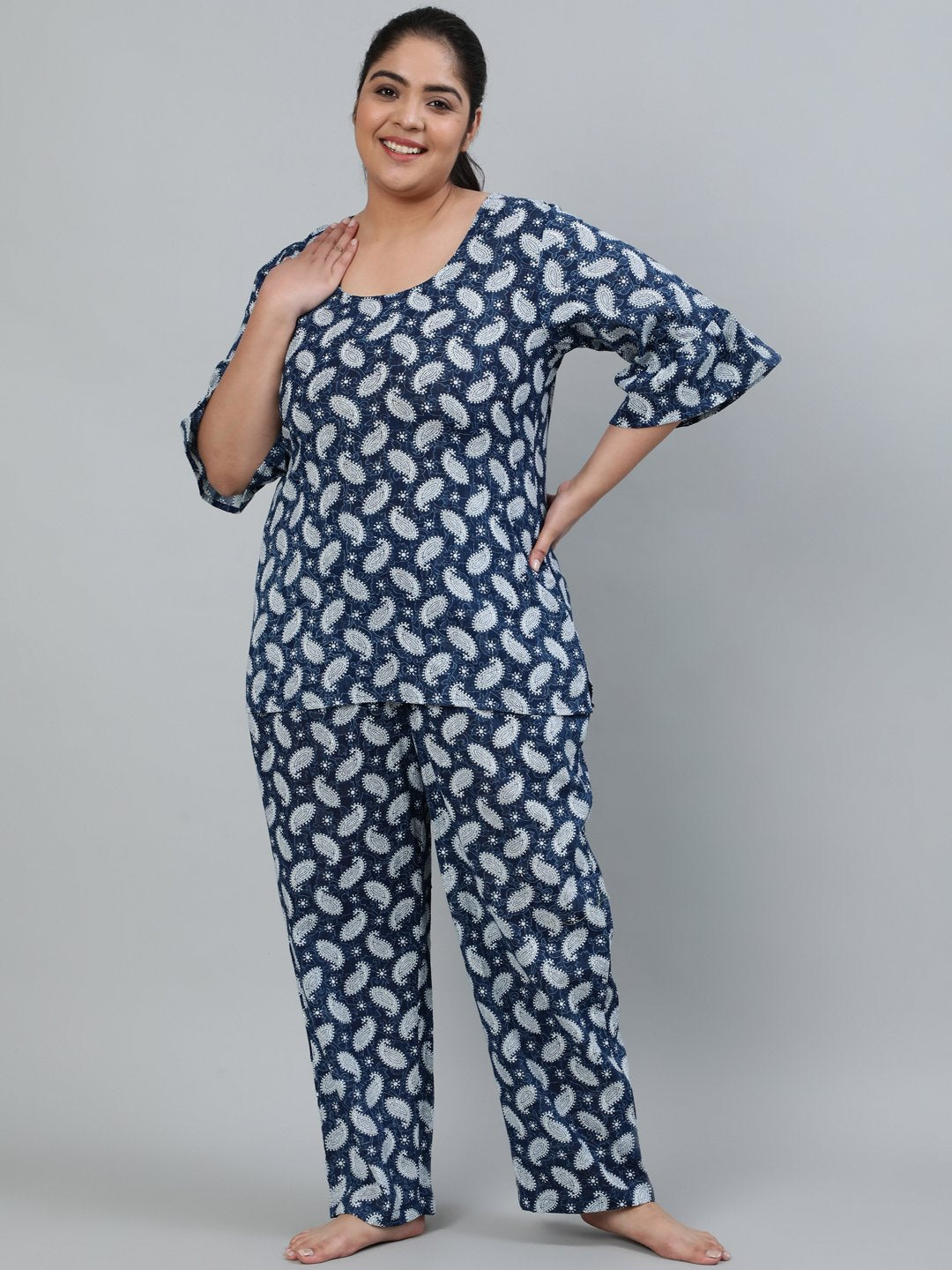 Women's Plus Size Blue Printed Night Suit With Half Sleeves - Nayo Clothing