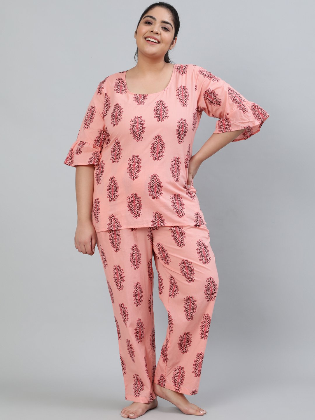 Women's Plus Size Pink Printed Night Suit With Half Sleeves - Nayo Clothing
