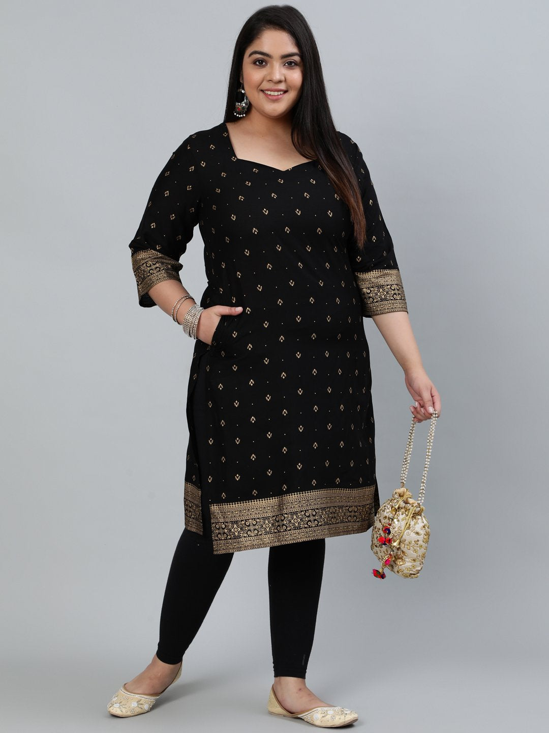 Women's Plus Size Black & Gold Printed Staright Kurta With Three Quarter Sleeves - Nayo Clothing