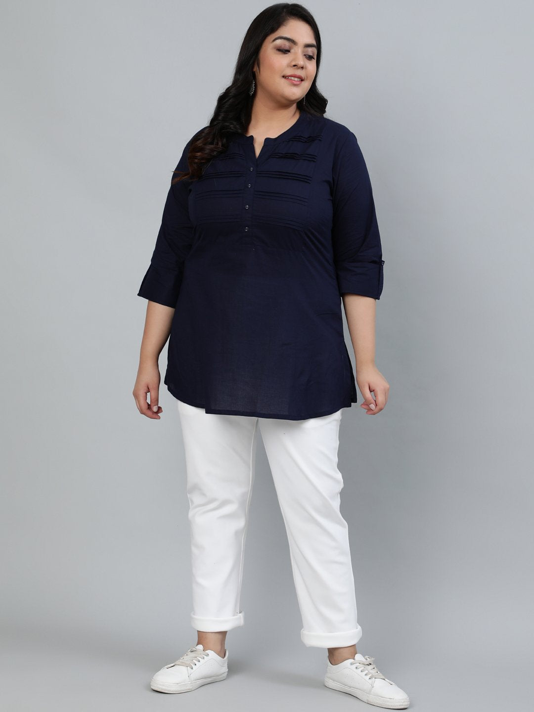Women's Plus Size Navy Blue Pleated Tunic With Three Quarter Sleeves - Nayo Clothing