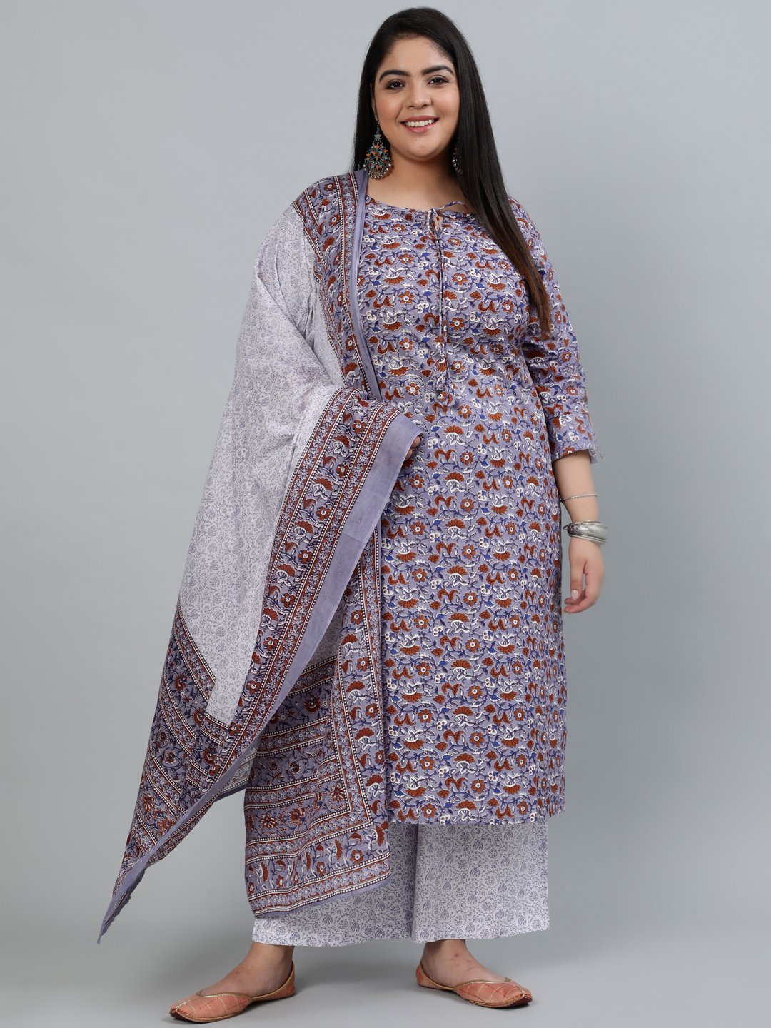 Women's Plus Size Grey Printed Straight Kurta With Palazo & Dupatta - Nayo Clothing