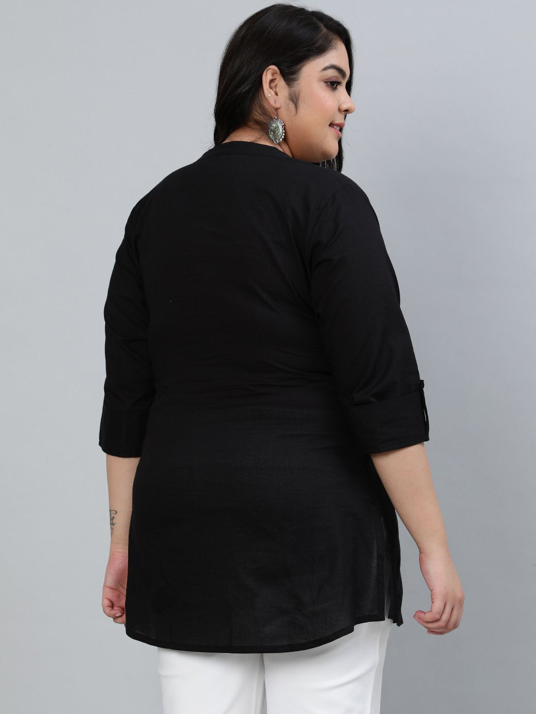 Women's Plus Size Black Pleated Tunic With Three Quarter Sleeves - Nayo Clothing