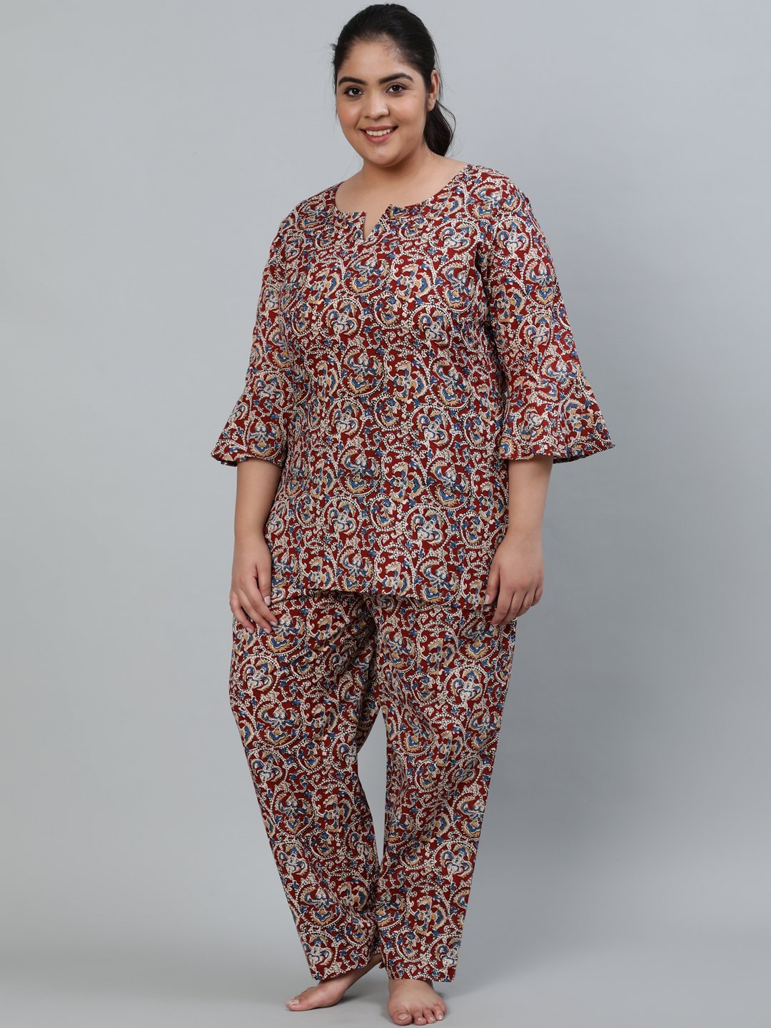 Women's Plus Size Maroon Printed Night Suit With Three Quarters Flared Sleeves - Nayo Clothing