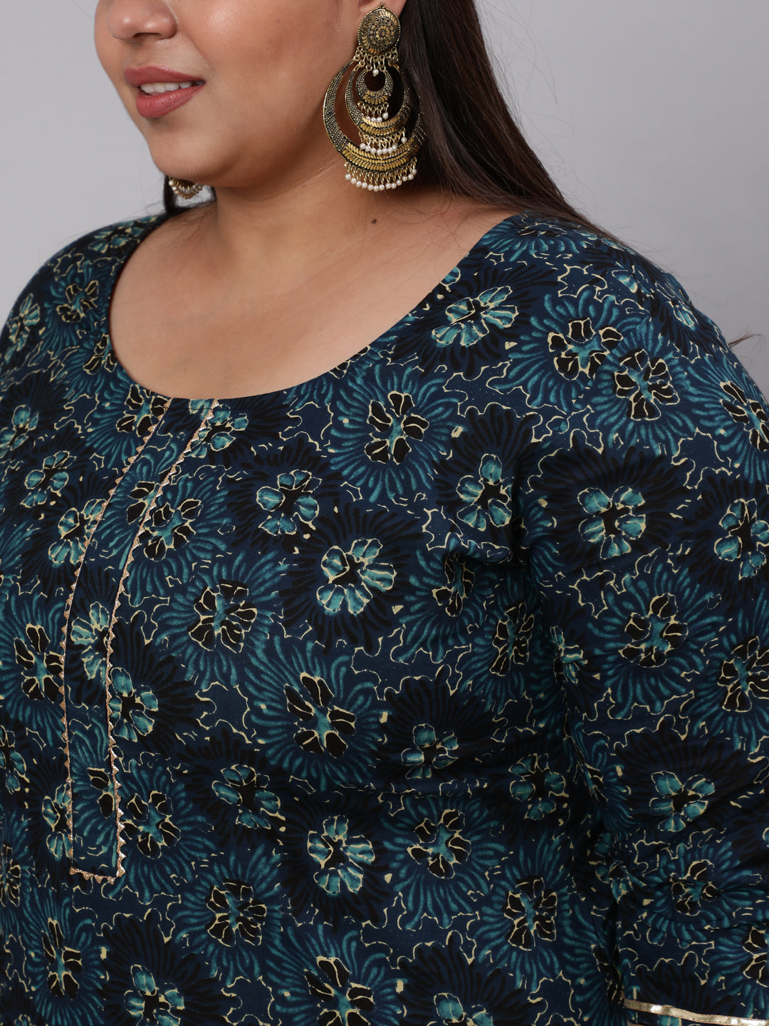 Women's Plus Size Blue floral Printed Kurta And Palazzo With Dupatta - Nayo Clothing