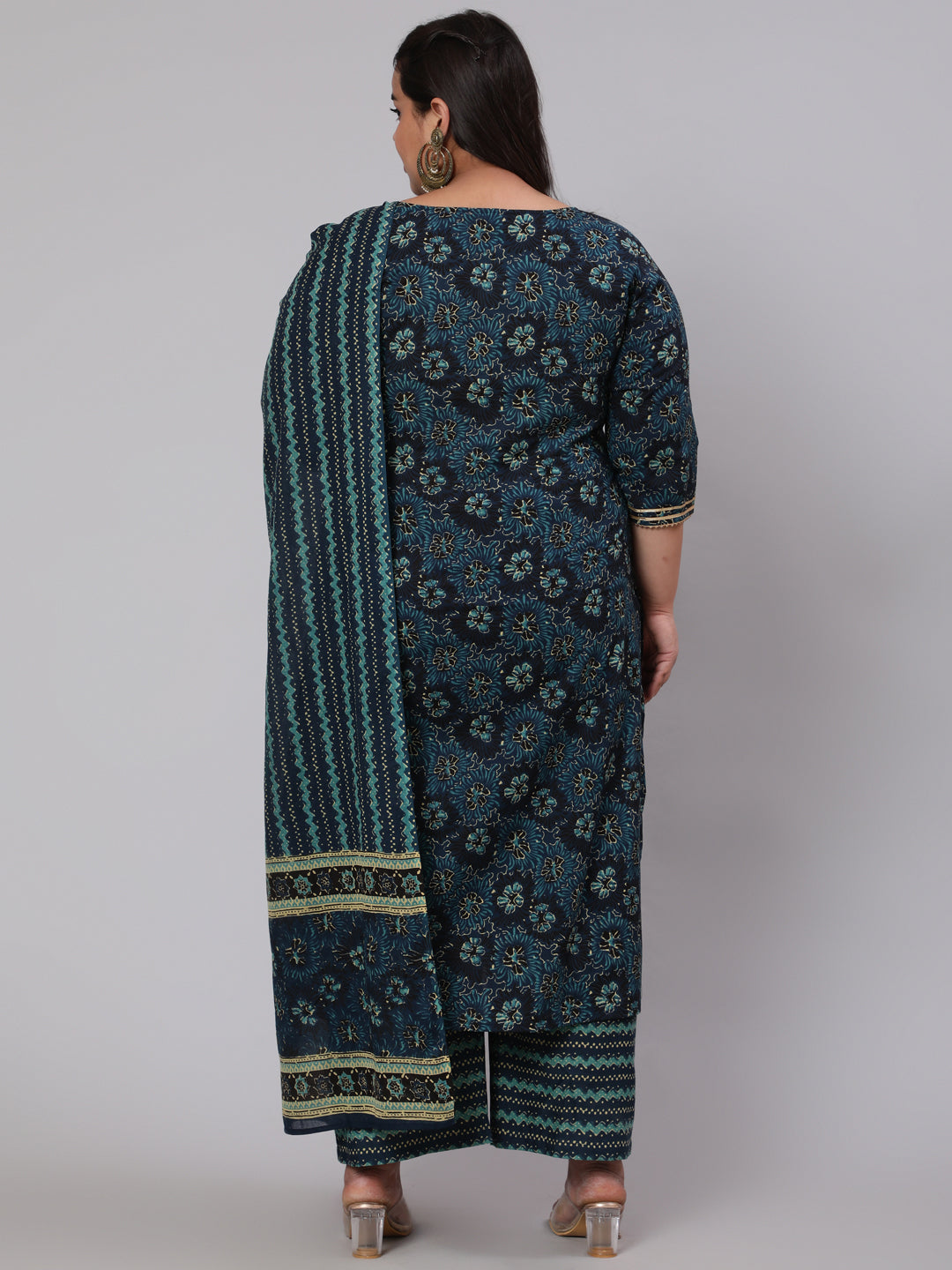 Women's Plus Size Blue floral Printed Kurta And Palazzo With Dupatta - Nayo Clothing