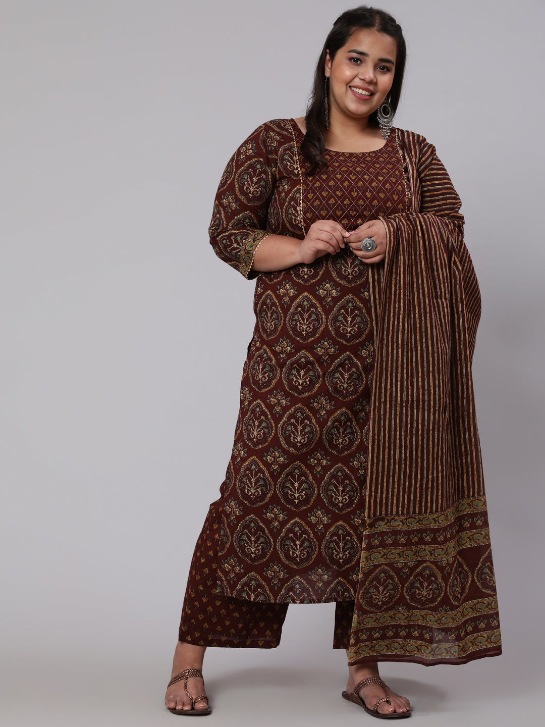 Women's Plus Size Women's Brown Printed Pure Cotton Kurta with Trousers & Dupatta - Nayo Clothing