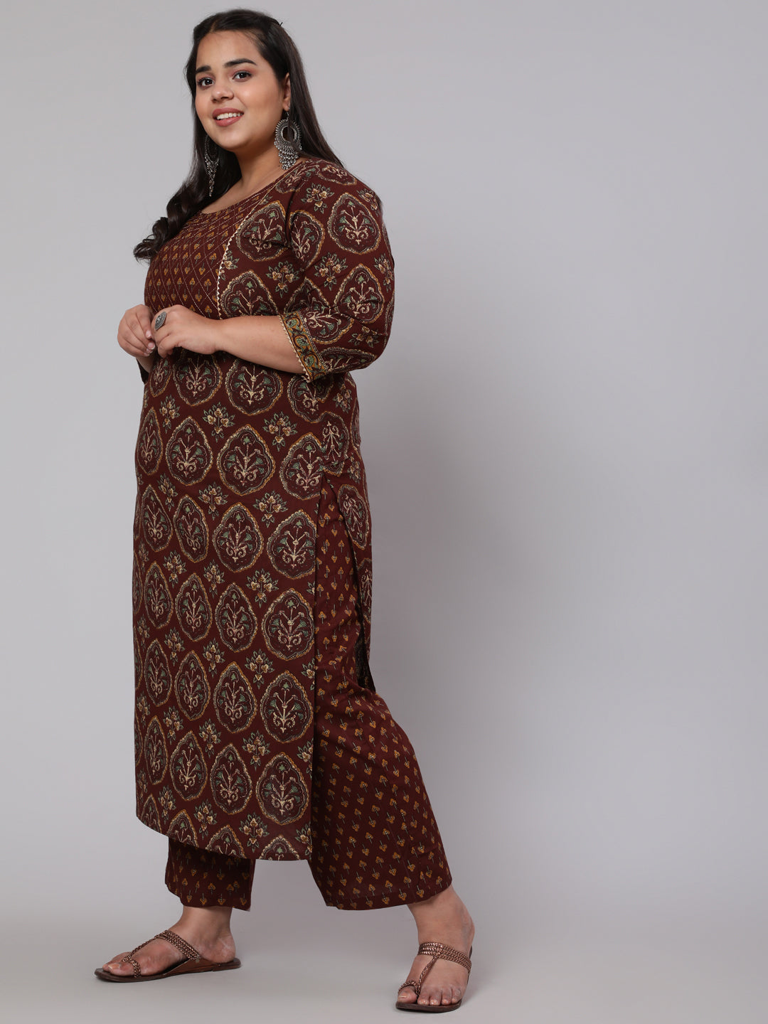 Women's Plus Size Brown Printed Pure Cotton Kurta with Trousers & Dupatta - Taantav
