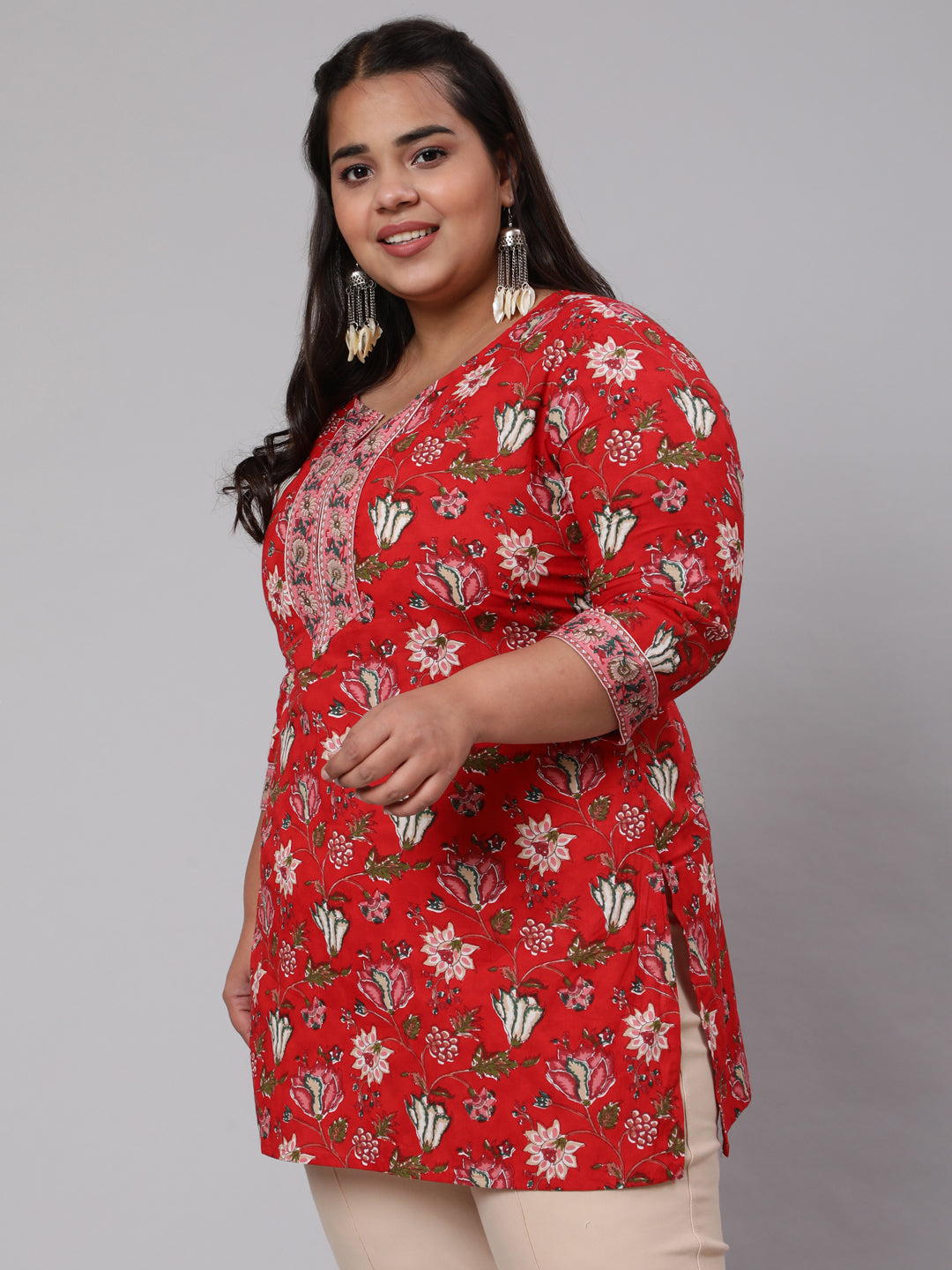 Women's Plus Size Red Ethnic Tunic With Three Quarter Sleeves - Nayo Clothing