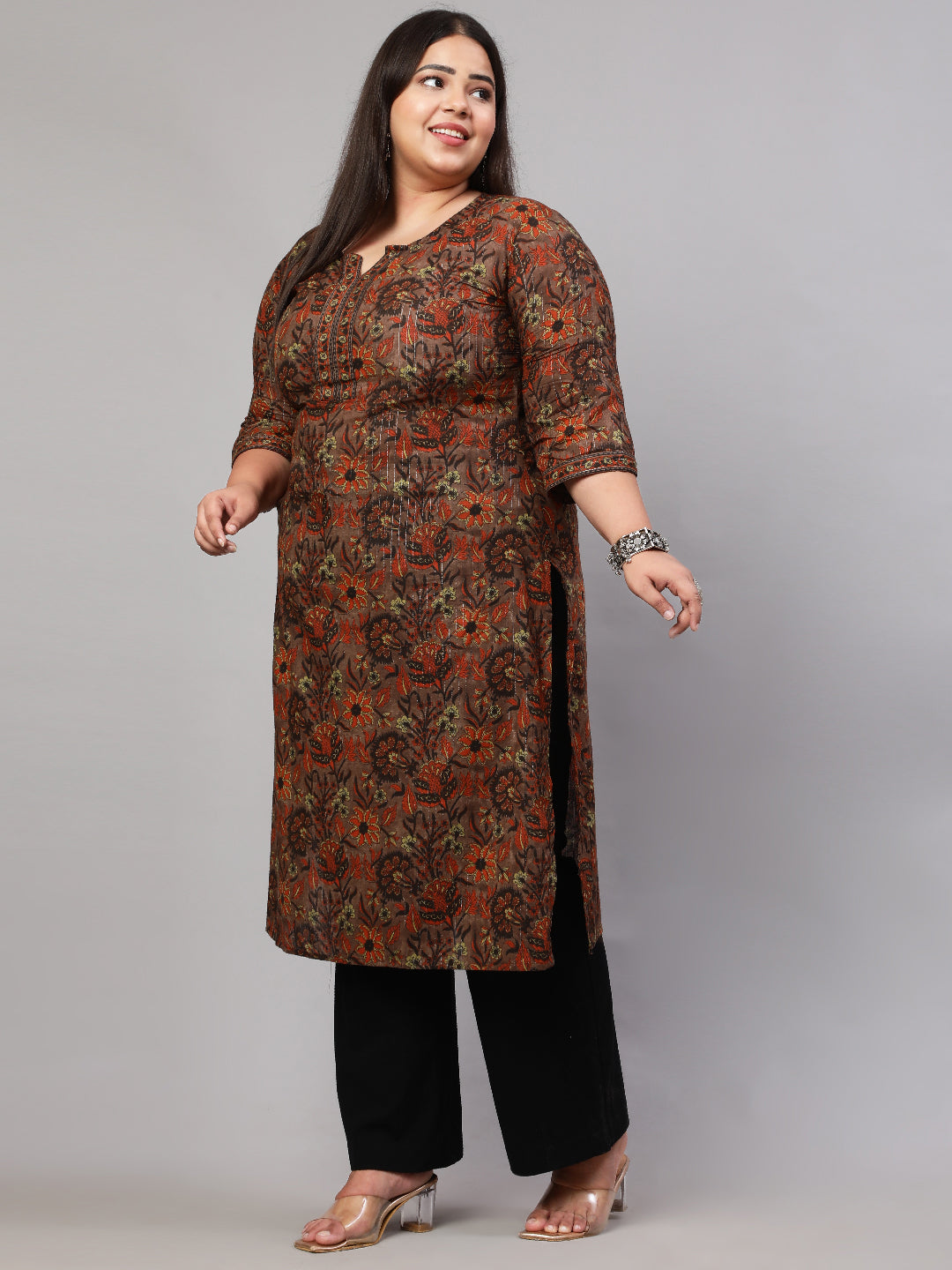 Women's Plus Size Multi Printed Straight kurta with Three Quarters Sleeves - Nayo Clothing