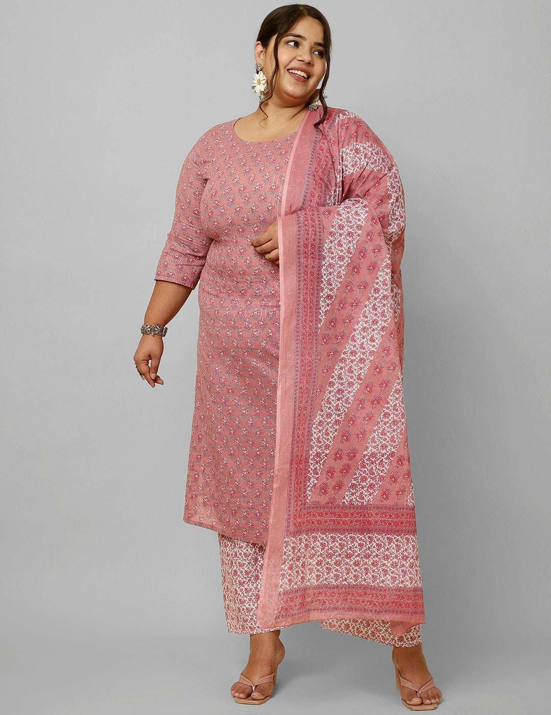 Women's Plus Size Pink Printed Kurta And Palazzo With Dupatta - Nayo Clothing