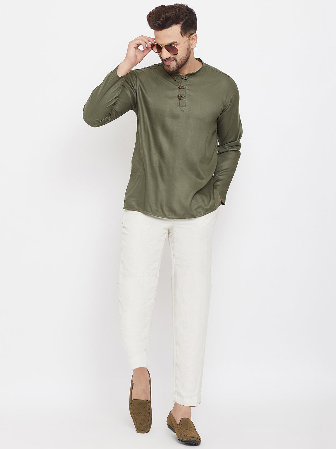 Men's Olive Green Button Placket Shirt Kurta - Even Apparels