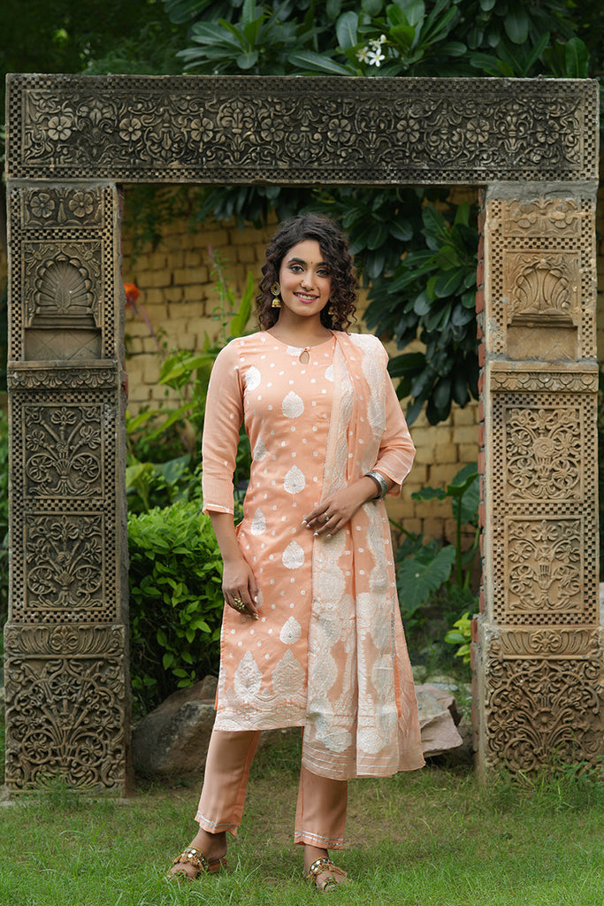 Women's Poly Chanderi Printed Kurta Pant Dupatta Set