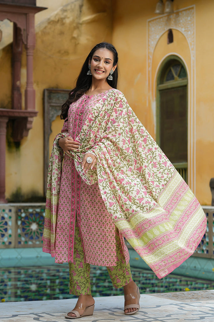 Women's Cotton Printed Kurta Pant Dupatta Set