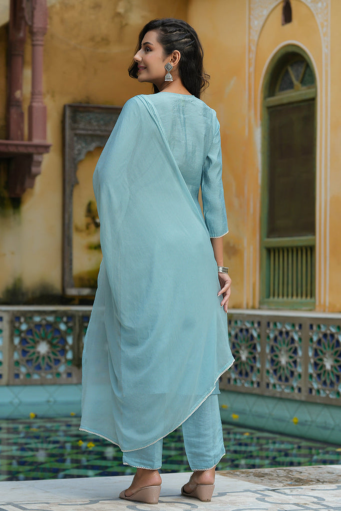 Women's Poly Silk Yoke Design Kurta Pants With Dupatta