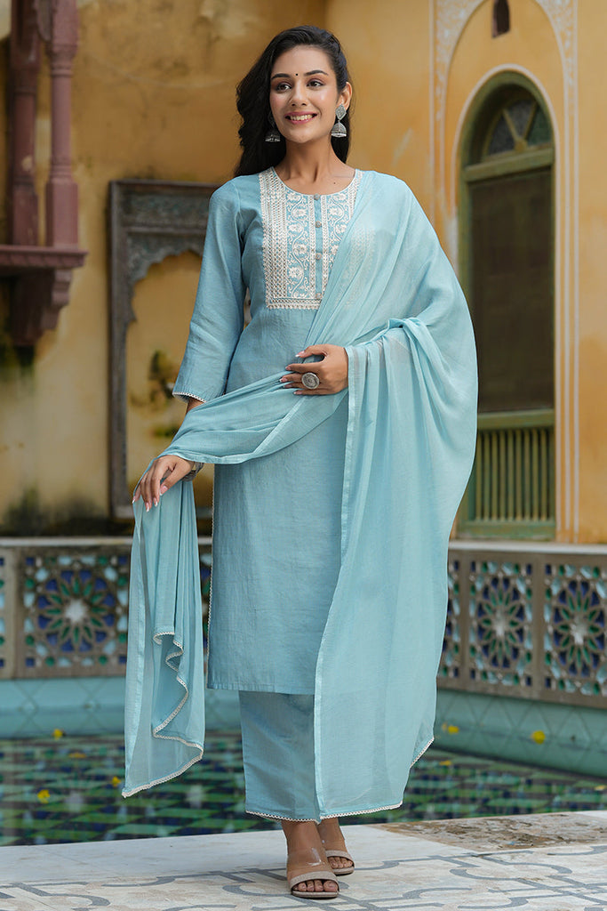 Women's Poly Silk Yoke Design Kurta Pants With Dupatta