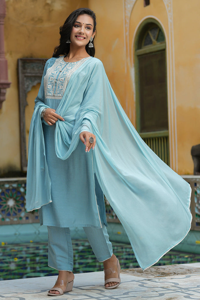 Women's Poly Silk Yoke Design Kurta Pants With Dupatta