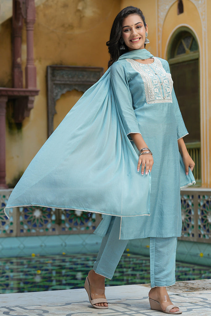 Women's Poly Silk Yoke Design Kurta Pants With Dupatta