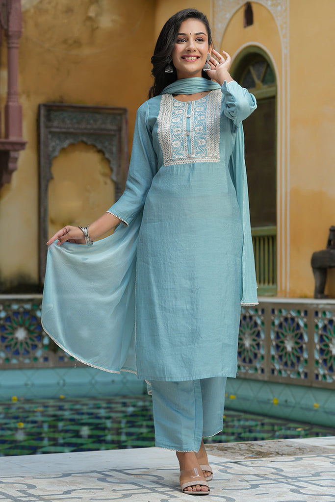 Women's Poly Silk Yoke Design Kurta Pants With Dupatta