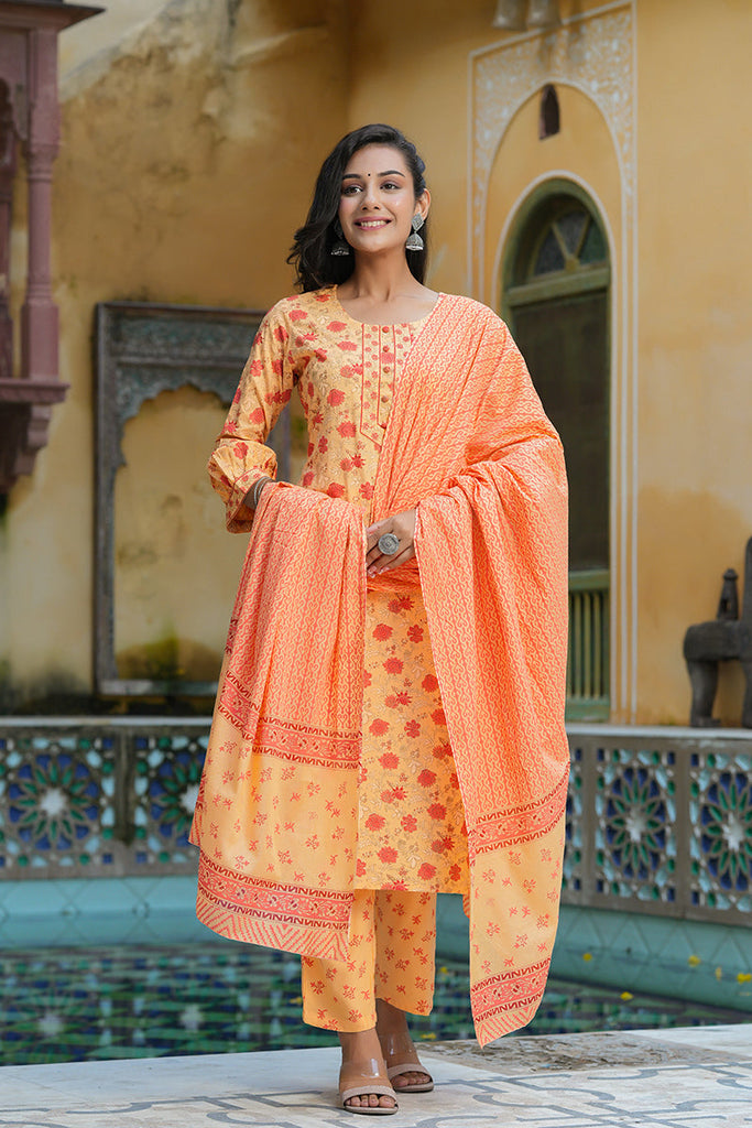 Women's Orange Printed Panelled Cotton Kurti With Palazzos With Dupatta