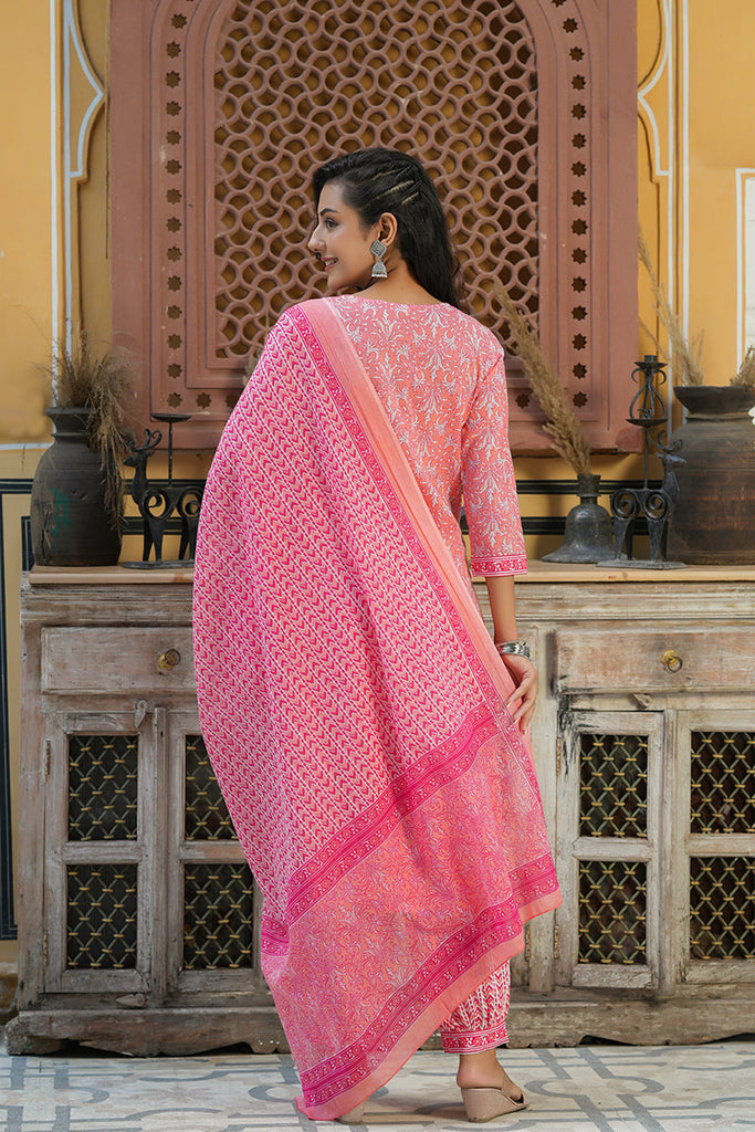 Women's Cotton Printed Embroidered Kurta Pant Dupatta Set