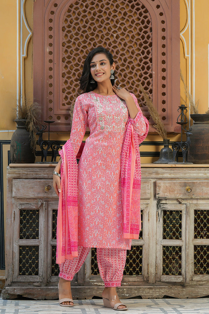 Women's Cotton Printed Embroidered Kurta Pant Dupatta Set