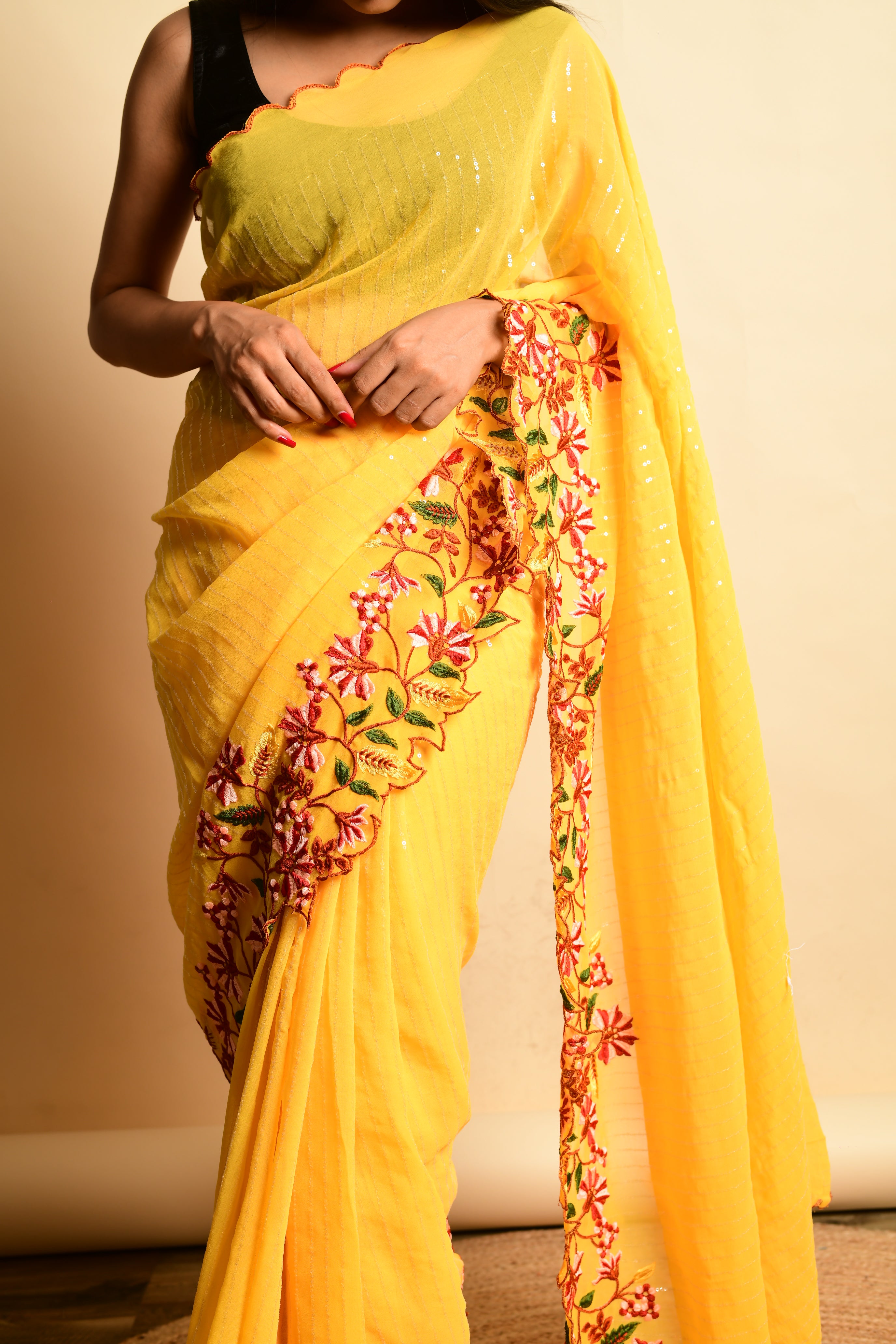 Women's  Yellow Heavy Thread Work Saree - VAMSEE