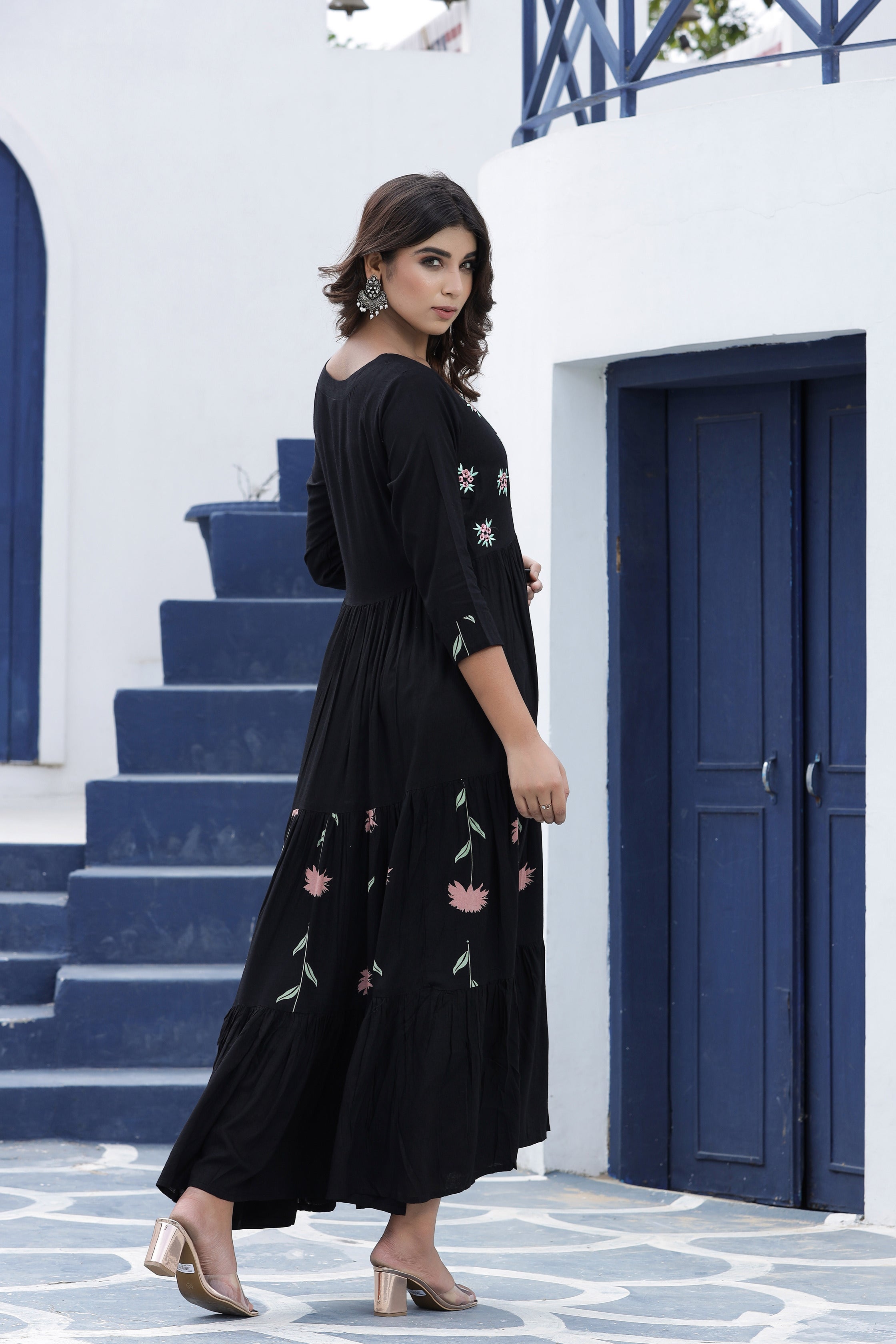 Women's Black Embroidered Dress - Yufta